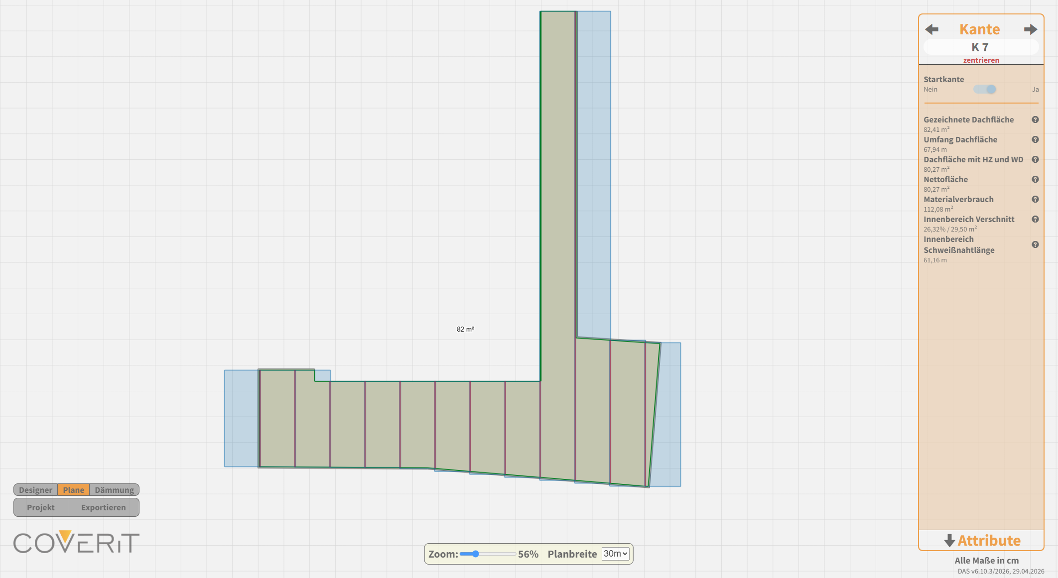Automatisch berechnetes Planen-Layout mit Materialkennzahlen